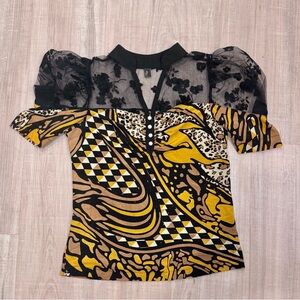 Chic Black and Yellow Patterned Women's Blouse